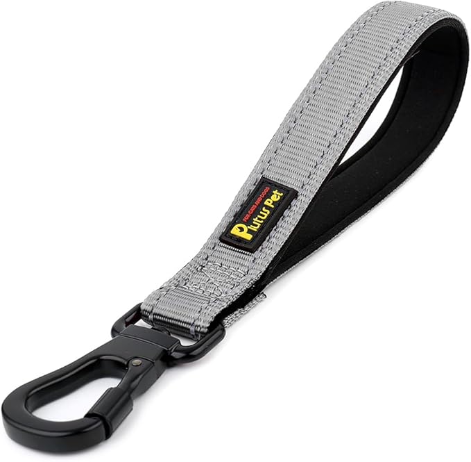 PLUTUS PET Short Dog Leash, Reflective Nylon Padded Handle, Strong Traffic Leash with Carabiner Clip, Perfect for Large or Medium Dogs (10”,Gray)