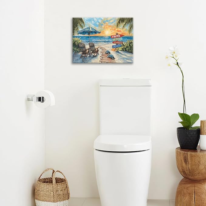 Beach Ocean Bathroom Pictures Wall Art, Seaside Coastal Bathroom Wall Decor, Sunrise Framed Painting Canvas Artwork for Bedroom Living Room Decorations 16"L x 12"W