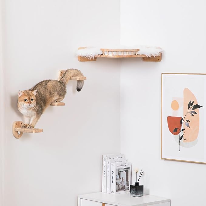 3pcs Cat Wall Steps, Climbing Mounted Furniture, Shelves With Hemp Rope Covered, Solid Wood Ladder for Playing and Climbing (Standard-Wood)