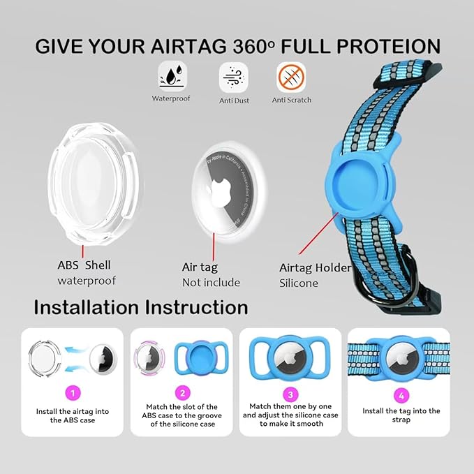 Reflective Dog Collar with Apple AirTag Holder & QR Code Pet ID Tag,Soft Nylon Adjustable Dog Tracker Collar with Safety Lock for Large Dogs(Blue, L(16"-26"))