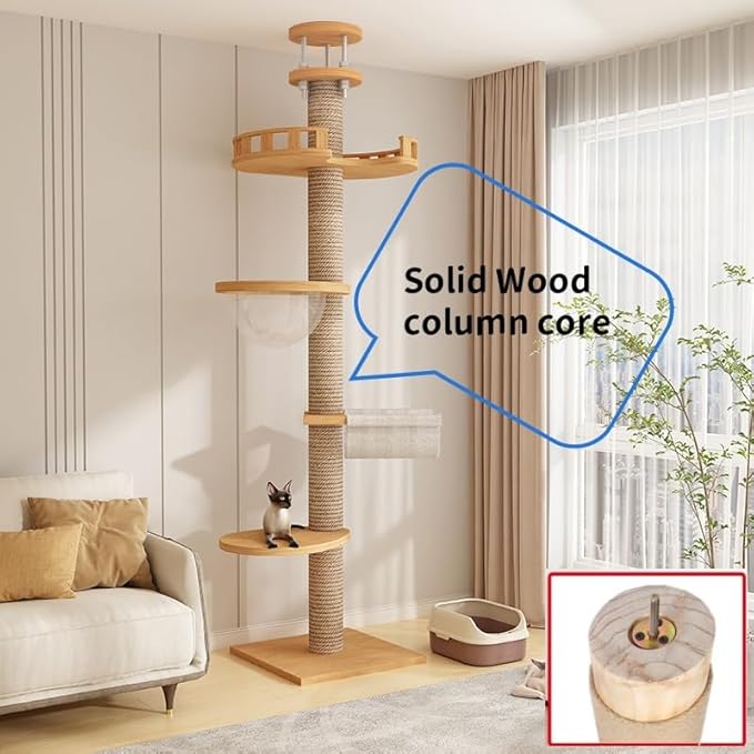 Cat Tree Floor to Ceiling,Cat Tree Height Adjustable from Floor to Ceiling(92“-114”), Tall Climbing Tree, Equipped with Scraping Pillars, Comfortable Bed, Observation Deck, Space Capsule