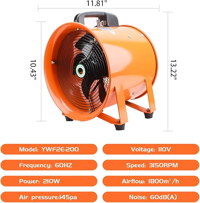dreamdragon 8" High-Velocity Portable Utility Blower Fan, Industrial Exhaust Fan with 25ft Flexible Duct Hose, 3150 RPM Low-Noise Ventilator for Basements, Workshops, Warehouses, and Confined Spaces