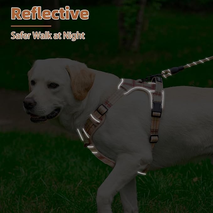 PUPTECK No Pull Dog Harness for Large, Adjustable Reflective Dog Harness with Handle Easy Control, Comfortable Soft Padded Pet Vest Harness for Large Dogs, Plaid Beige L