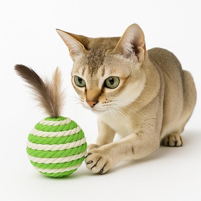 Ball for cat with Feathers - Balls for Cats– Natural Toy for Indoor Cats – Eco-Friendly, Durable, Interactive Play Balls for Kittens – Pet-Safe Chew & Scratch Toys (Green)