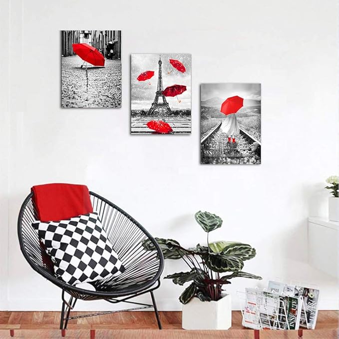 Black and white landscape Eiffel Tower 3 Piece Wall Art for Living Room Bathroom Decorations Kitchen Wall decor modern red umbrella Poster Canvas Print Office Bedroom Home Decoration wall paintings