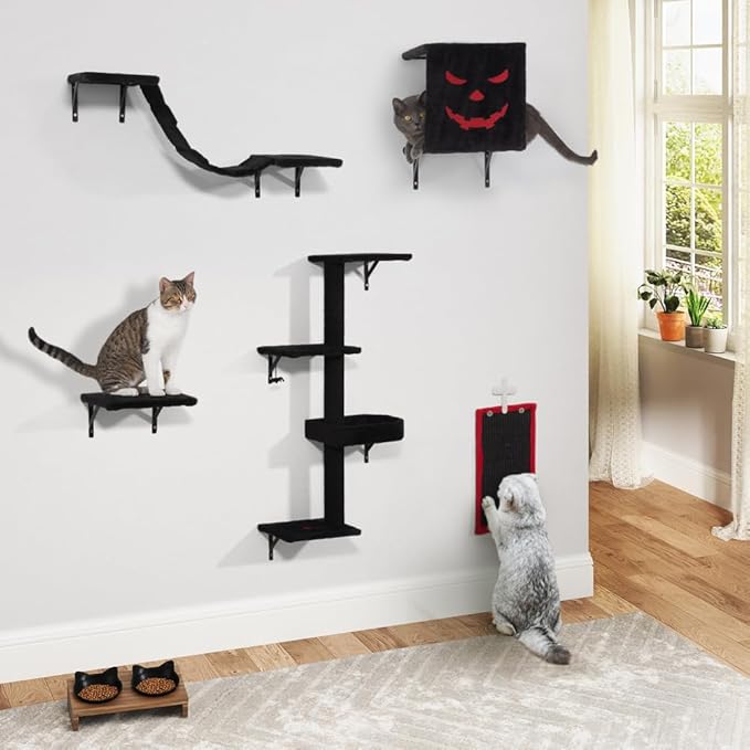 COZIWOW Wall-Mounted Cat Tree | Space-Saving Feline Furniture with Multiple Levels | Durable Scratch Post for Indoor Cats, Black&Red