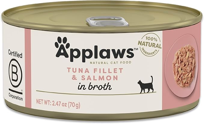 Applaws Natural Wet Cat Food in Broth, Limited Ingredient Canned Wet Cat Food, No Additives, Made with Natural Ingredients, Tuna Fillet with Salmon in Broth (24 x 2.47oz Cans)