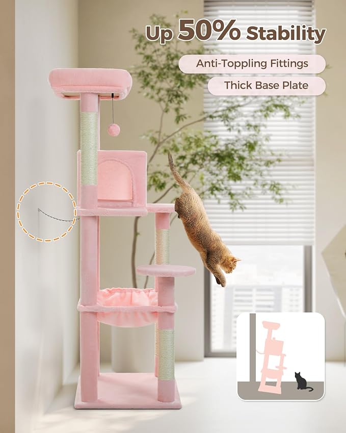 Cat Tree for Large Cats Adult with Metal Plush Big Hammock, 56.3" Cat Tower with 2 Door Condo House, 6-Tier Cat Shelves with Scratching Posts and Large Top Perch, Light Pink