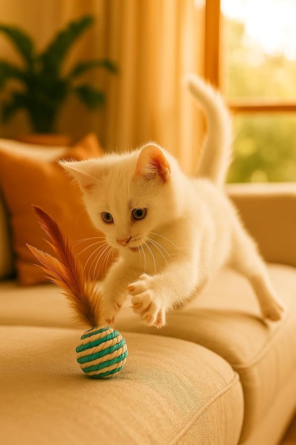 Ball for cat with Feathers - Balls for Cats β Natural Toy for Indoor Cats β Eco-Friendly, Durable, Interactive Play Balls for Kittens β Pet-Safe Chew & Scratch Toys (Sky Blue)