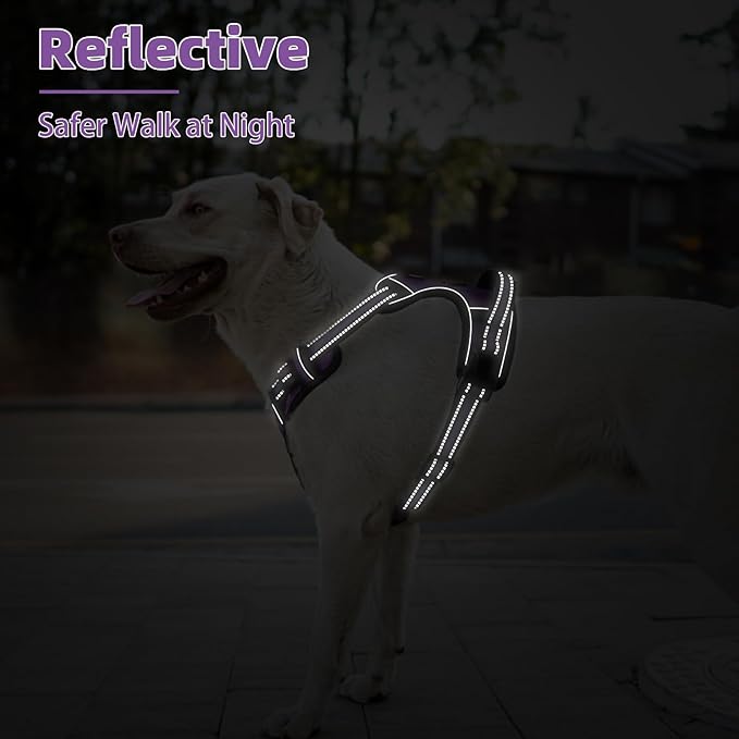 PUPTECK No Pull Dog Harness for Large, Adjustable Reflective Dog Harness with Handle Easy Control, Comfortable Soft Padded Pet Vest Harness for Large Dogs, Solid Purple L
