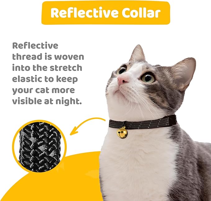 BirdsBeSafeĀ® Break Away Cat Collar with Bell, Reflective Thread for Night Visibility, Comfortable Elastic Stretch Cat Collar to Protect Cat from Getting Stuck in The Garden.