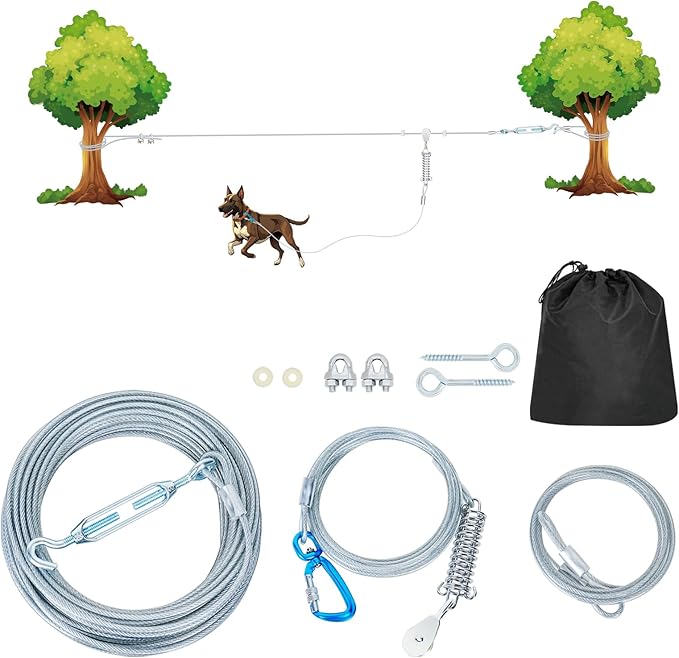 50ft Dog Runner for Yard Large Dog Heavy Duty with Double Shock Absorbers Tangle-Free Aerial Trolley System for Large Dogs Up to 250lbs (Silver)
