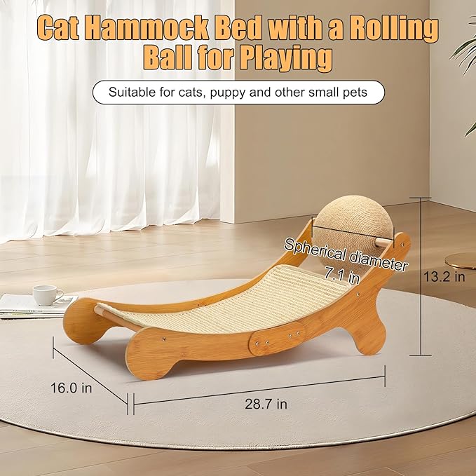 Outamateur Sisal Cat Scratcher Bed, Cat Hammock Chair, 3 in 1 Cats Scratcher Lounge, Cats Mini Beach Chair with Toy Ball, Pet Beds with Removable Sisal Pad for Indoor Small Animal, Puppy, Rabbit