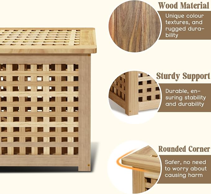 Bench with Storage, Acacia Laundry Hamper with Seat, Storage Benches with Seating for Entryway, Living Room, Bedroom, Bathroom (15.7x19.7x17.7in)