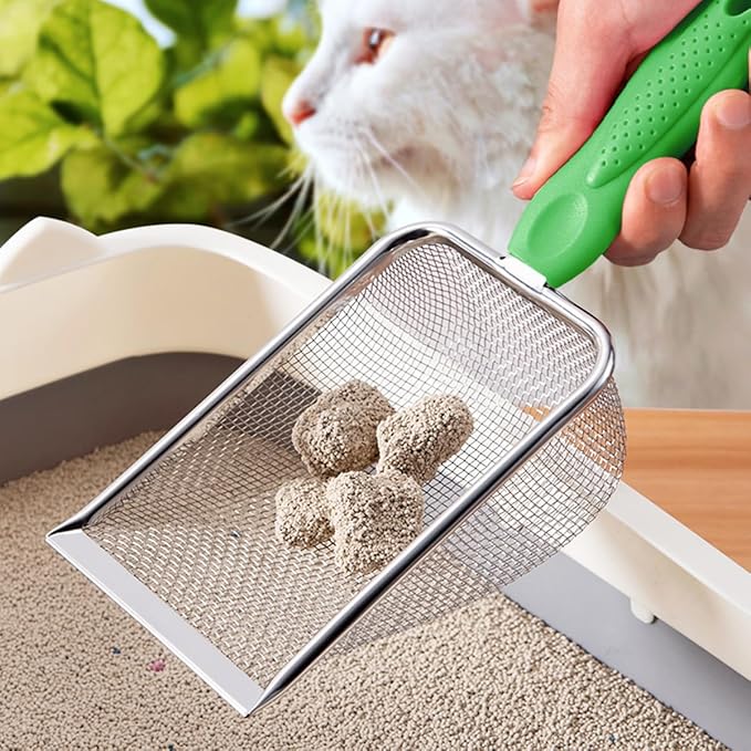 Cat Litter Scoop,Sturdy Litter Cleaner Corner Shovel,Stainless Steel Mesh Litter Shovel,Easy to Clean Reptile Terrarium Sand Waste,Beach Shovel(Green)