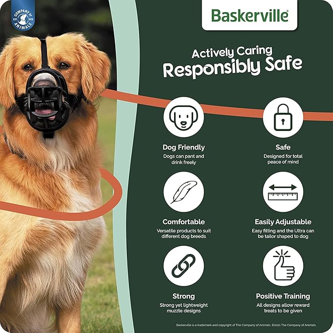 BASKERVILLE ULTRA MUZZLE - Patented Humane Design, Breathable, Dog can Pant and Drink, Adjustable, Padded, Dog Training Muzzle for Large Dogs, Prevents Biting, Wildlife Scavenging (Size 5, Black)