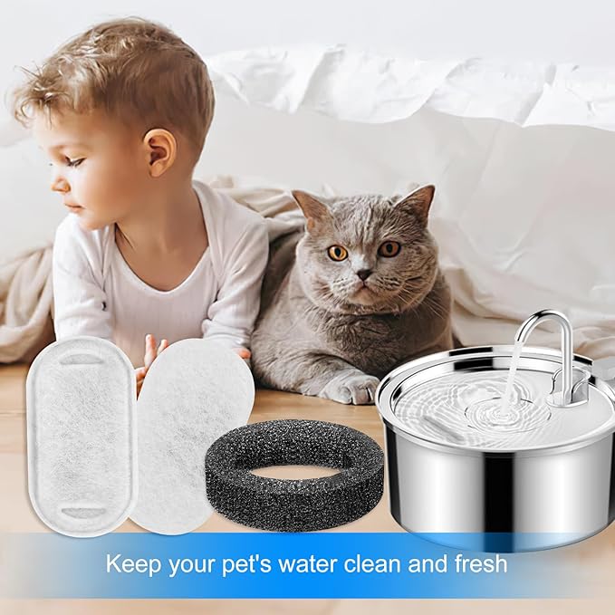 Cat Water Fountain Filter Replacement 67oz/2L, 8+8 Pack Filter & Sponge Compatible with Tomxcute Cat Fountain Stainless Steel 135oz/4.0L or 108oz/3.2L, Compatible with NautyPaws 3.2L/108oz