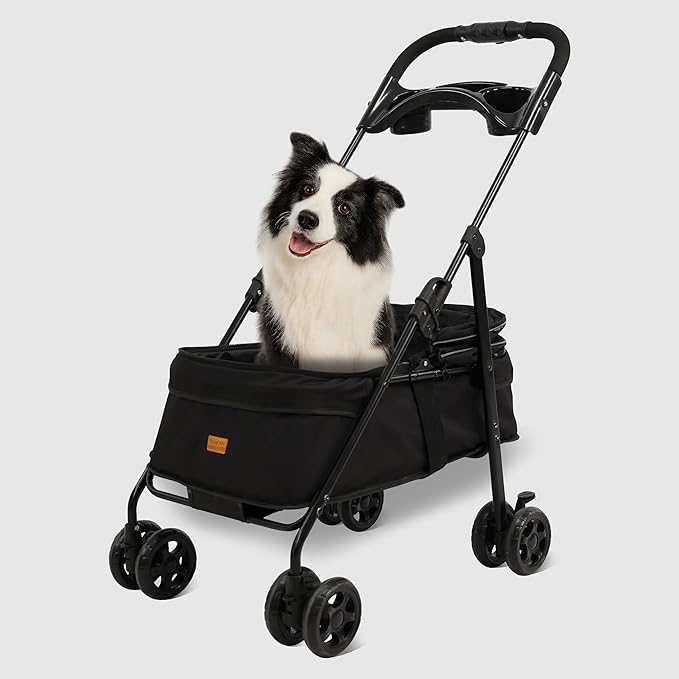 4 Wheels Pet Stroller,One-Click Folding Portable Folding Dog Cat Stroller,Sunshade, Storage Bag, Waterproof Oxford Fiber,Breathable and Visible Mesh for Small/Medium Pets up to 33 lbs,Black 