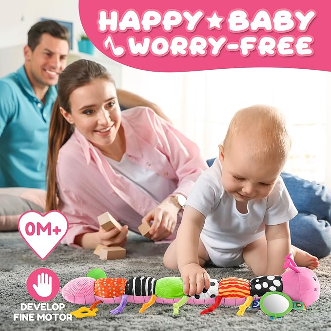 Baby Toys 0-6-12 Months,Musical Caterpillar Stuffed Animals Activity Infant Toys with Crinkle,Rattles,Mirror&Pull String,Muti-Sensory Toys Gifts for Newborn Tummy Time,Pink,Knot prolegs