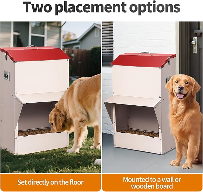 Automatic Dog Feeder Large Breed, 50 LB Capacity Outdoor Pet Food Dispenser, Powder-Coated Steel Gravity Dog Food Feeder with Clear Door, Wall Mountable, Weatherproof Self Feeders