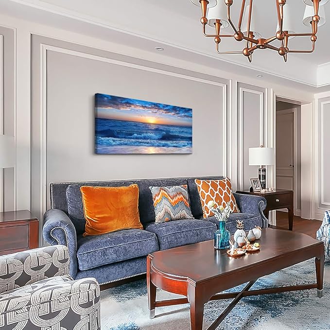 Canvas wall art for living room Blue Ocean Sea sun landscape painting bathroom Wall Decor Ready to Hang for Home Decorations office family bedroom kitchen Works canvas Prints pictures 30" x 60"inch