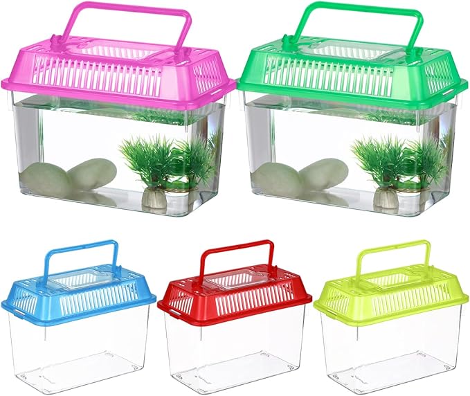 5pcs Small Fish Carrier with Breathable Lids, Portable Betta Fish Tank, Clear Breeding Boxes for Lizard, Turtle, Tarantula(Assorted Color)
