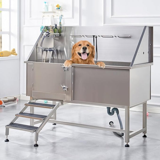 Albott 60 Inch Stainless Steel Dog Washing Station with Anti-Slip Steps, Sprayer, Faucet, Soap Box, Tow Rope β Professional Pet Bathtub for Large Pets, Ideal for Home, Garage, and Grooming(Left)
