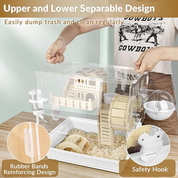 Cycodo 8 in 1 Acrylic Hamster Cage,2-Tier Dwarf Hamster Cage with Wooden Wheel & Hideout,Small Hamster Habitat with Accessories,Clear Pet Mice House(White,14" L*10" W*11" H)