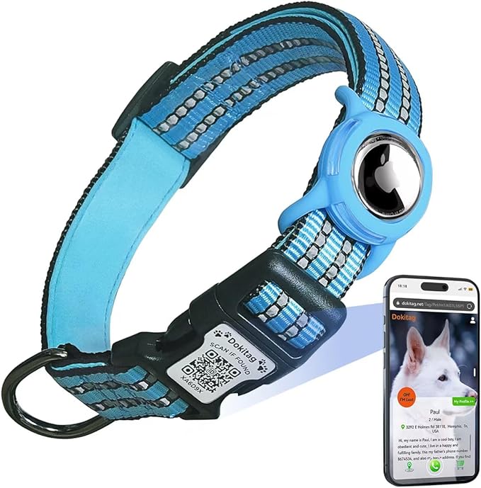 Reflective Dog Collar with Apple AirTag Holder & QR Code Pet ID Tag,Soft Nylon Adjustable Dog Tracker Collar with Safety Lock for Large Dogs(Blue, L(16"-26"))