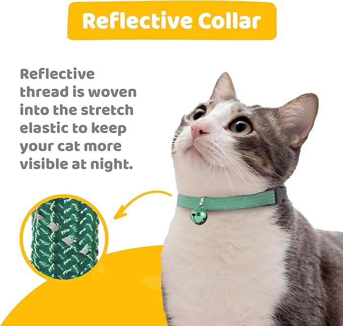 BirdsBeSafeĀ® Break Away Cat Collar with Bell, Reflective Thread for Night Visibility, Comfortable Elastic Stretch Cat Collar to Protect Cat from Getting Stuck in The Garden.