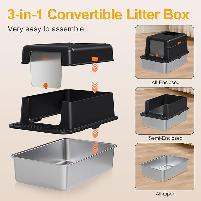 Enclosed Stainless Steel Litter Box with Lid, 20L Metal Enclosed Litter Box for Big Cat, Flip-Top Design with Anti-Leakage High Sides, Cat Lovers Gifts(Black)