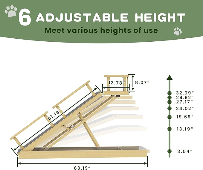 6 Level Height Adjustable Dog Ramp for Bed, Couch 65" Foldable Pet Ramp with Non-Slip Mat,DIY Glow Strips & Rest Platform Heavy Duty Dog Stairs for Large Dogs up to 200Lbs ,Wood Color