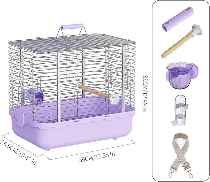 Bird Carrier Travel Cage, Durable Portable Stainless Steel Birdcage with Bird Perch & Feeding Bowl for Parrots Canaries Budgies Lovebirds Conures Cockatiels (Large Purple)