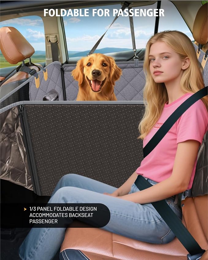 Back Seat Extender for Dog, Waterproof Dog Car Seat Cover for Back Seat, Hard Bottom Car Seat Cover, Large Space Hammock for Full-Size Crewcab Trucks, Pet Seat Cover Holds 450lbs(Grey)