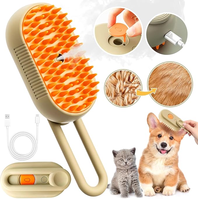 Cat Steam Brush for Shedding, 2025 New 4 in 1 Rechargeable Steam Pet Brushes for Cats & Dogs, Indoor Anti-static Pets Brush for Massage, Cleaning, Shedding & Combing Hair (Beige)