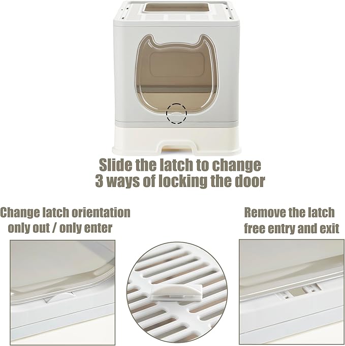 Gefryco Litter Box with Lid for Small to Medium Cats, Enclosed Cat Litter Box with Cover,High Sided Top Entry Cat Box with Brush and Scoop, Cute Kitty Litter Pan with Drawer for Growing Kittens(Grey)