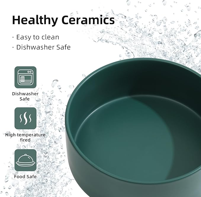 Ceramic Raised Double Bowls Set with Stand, 2 Heights Elevated, Food & Water Bowls for Small Breed Dogs, Cats, Kitty, Weighted Dog Dishes, Pet Bowls(5.1'',13.5oz, Green)