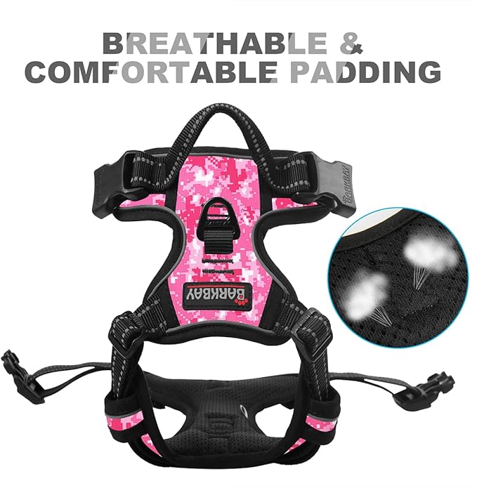 BARKBAY No Pull Dog Harness Front Clip Heavy Duty Reflective Easy Control Handle for Large Dog Walking(Pink camo,M)