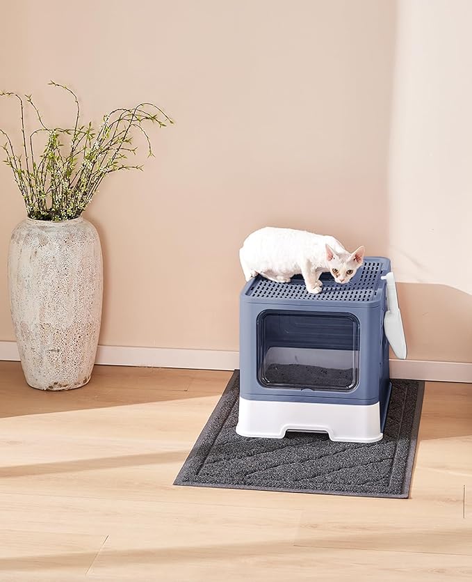 Cat Litter Box with X-Large Litter Mat and Scoop, Large Foldable Litter Box with Lid, Enclosed Kitty Box,Front Top Entry Exit, Odor Control Easy to Clean (Upgrade Midnight)
