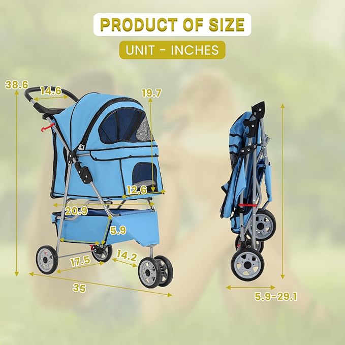 Foldable Pet Stroller for Cats and Dogs 3 Wheels Carrier Strolling Cart with Weather Cover, Mesh Panels,Storage Basket Cup Holder,Blue