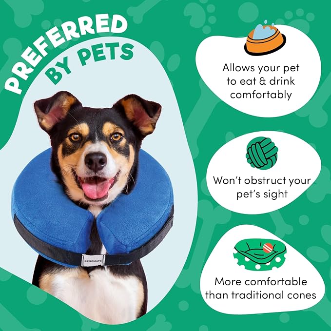 BENCMATE Inflatable Dog Cone Collar Alternative, Soft Dog Cone for Small Medium Large Dogs and Cats, Neck Recovery ECollar Donut Collar After Surgery (Medium+, Blue)