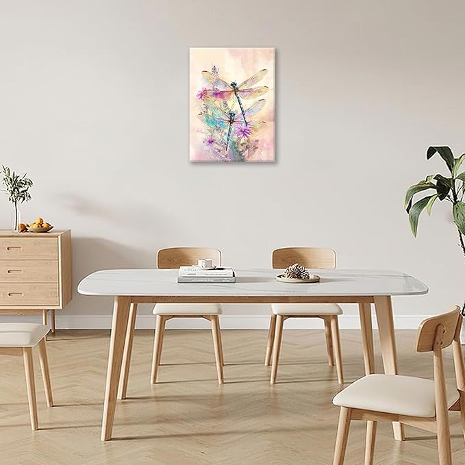 Dragonfly Bathroom Pictures Wall Art, Floral Bathroom Wall Decor, Framed Painting Canvas Artwork for Bedroom Living Room Decorations 20"L x 16"W
