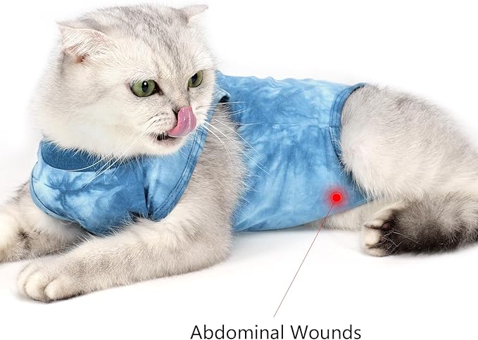 Cat Recovery Suit for Male and Female Surgical Post Surgery Soft Cone Onesie Tie Dye Cats Shirt Clothes Neuter Licking Protective Diapers Outfit Cover Kitten Spay Collar Alternative(Navy Blue, S)
