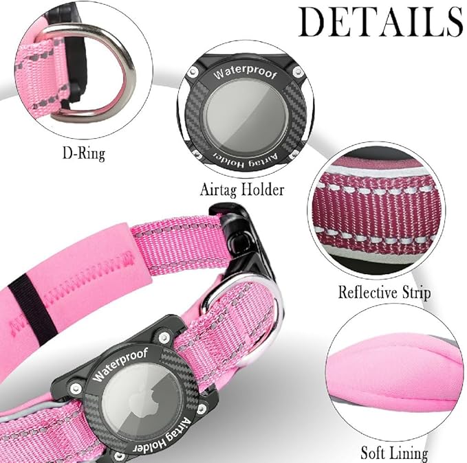Upgraded AirTag Dog Collar, IP68 Waterproof Dog Collar with Apple Air Tag Holder, Reflective Adjustable Heavy Duty Dog Collars with Soft Padded for Small, Medium and Large Dogs,Pink, XL