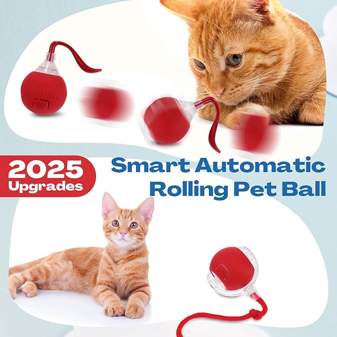 2 Pcs Interactive Rolling Cat Dog Toy Ball, Electric Cat Ball Toy Smart Automatic Self Rolling Dog Ball Toys, 360° Smart Rolling Ball Toy Electric Balls for Dog Cat (Red)