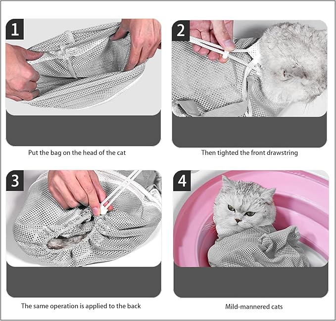 8 Piece Cat Grooming Supplies ,Adjustable Multifunctional Anti-Bite Shower net Bag,Cat Claw Covers,Cat Bath Brush and Cat Nail Clipper(Grey-B)