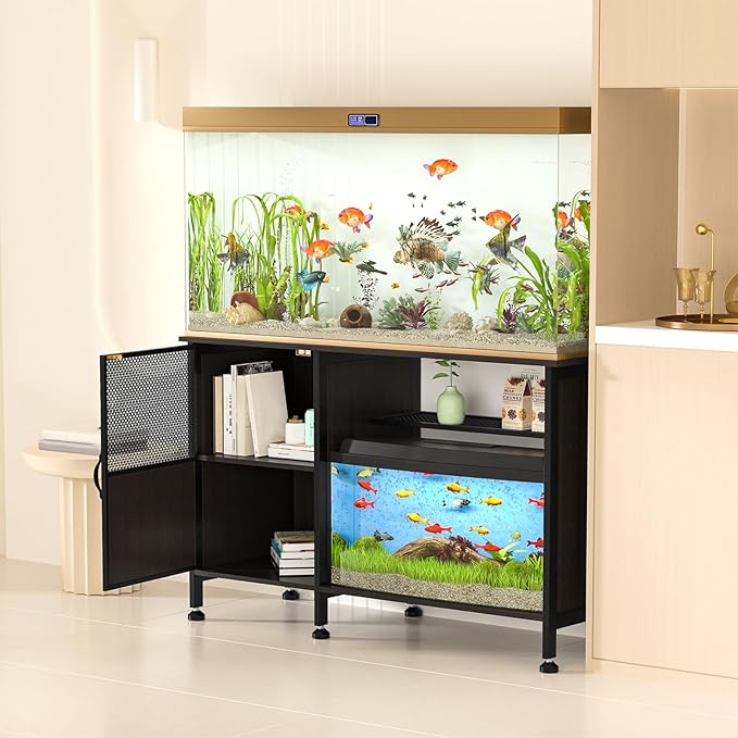 Fish Tank Stand, Modern Aquarium Stand with Built-in Cabinet and Shelves - Sleek Black Iron and Wood Grain Design for Stylish Home Décor( 51.97" x W 19.69" x H 31.5") Black