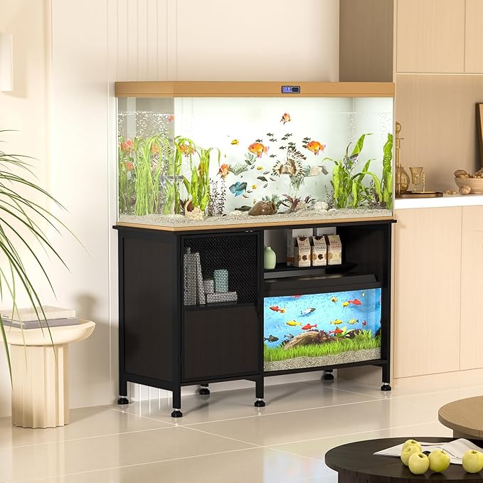 Fish Tank Stand, Modern Aquarium Stand with Built-in Cabinet and Shelves - Sleek Black Iron and Wood Grain Design for Stylish Home Décor( 51.97" x W 19.69" x H 31.5") Black