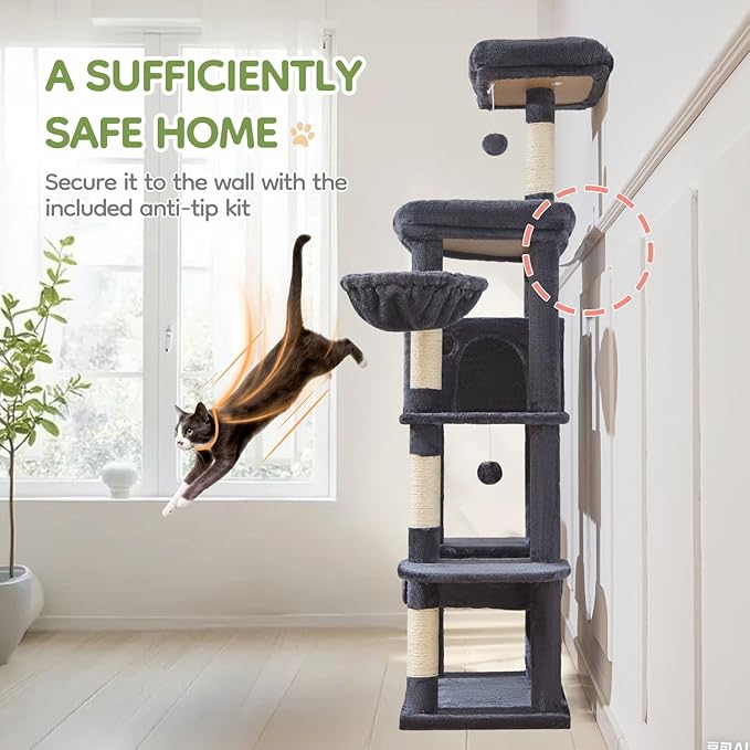 Taoqimiao MS042G Cat Tree,66-inch Large Cat Tower with Scratching Posts, Luxurious Large Platform for Big Cats with Soft Hammock, Adjustable Basket, Deluxe Cat Cando, Top Perch Smoke Gray