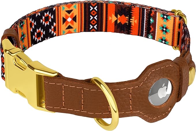AirTag Dog Collar for Small Medium Large Breed - Adjustable Cute Pattern Dog Collar with Airtag Holder - Soft Leather Tracker GPS Apple Air Tag Pet Collars (X-Large, 20"-25" Neck Fit, Western)
